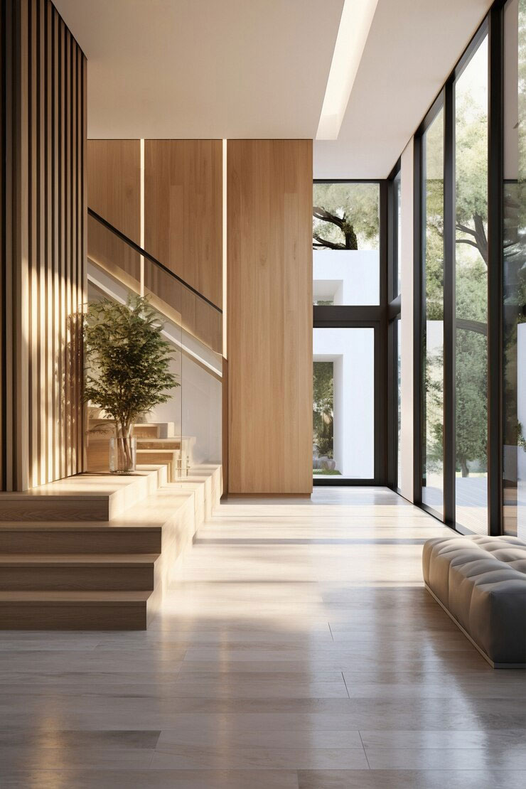 Contemporary interior with wooden floors and expansive windows.