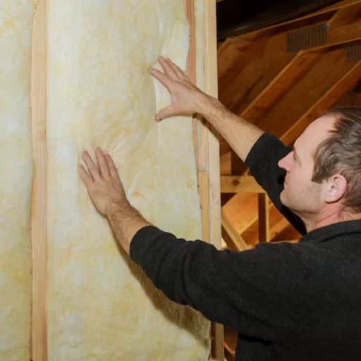 A man meticulously installs insulation in an attic to enhance energy efficiency and comfort in the home.